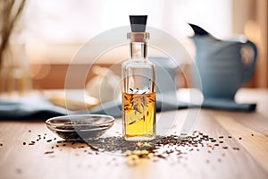 black cumin seed oil in a bottle with black seeds spilled around