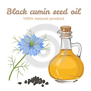 Black cumin seed oil in glass bottle and Nigella sativa  flower