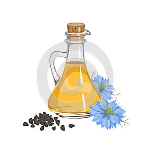 Black cumin seed oil in glass bottle. Nigella sativa flower and seeds.