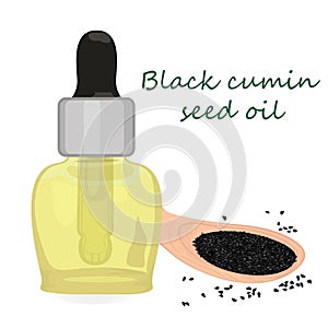 Black cumin seeds essential oil vector illustration Aromatherapy
