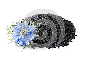 Black cumin seeds with nigella sativa flower