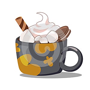 Black cup of coffee with marshmallow