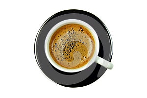Black cup of coffee on saucer from the top, isolated