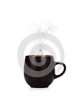 Black cup of steaming tea or coffee isolated on white