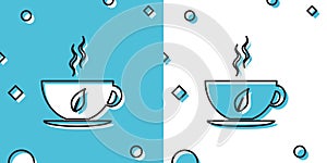 Black Cup of tea and leaf icon isolated on blue and white background. Random dynamic shapes. Vector Illustration