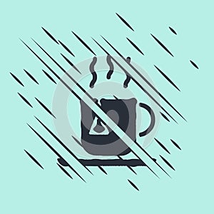 Black Cup of tea with tea bag icon isolated on green background. Glitch style. Vector Illustration