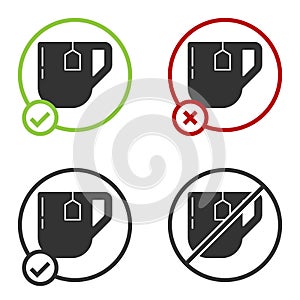 Black Cup of tea with tea bag icon isolated on white background. Circle button. Vector Illustration