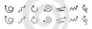 Black curly arrows isolated on a transparent background. Arrows of various shapes.