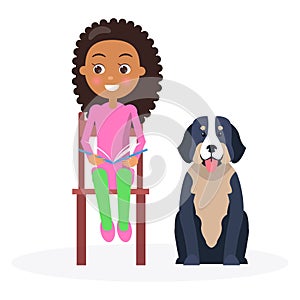 Black Curly Girl Sitting with Classbook and Pet