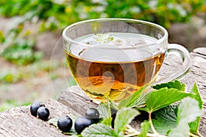 Black currant and a cup of tea with currant leaves on a wooden table against the background of green grass