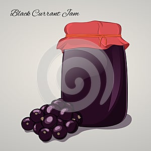 Black Currant jam in a jar and fresh Black currant on grey background. Simple cartoon style. Vector illustration.