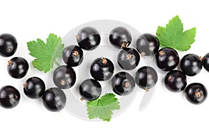 Black currant with leaves isolated on white background with copy space for your text. Top view. Flat lay pattern