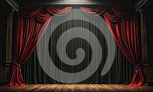 A black curtain with red drapes is open on a stage.