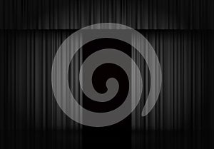 Black curtain stage vector background. Dark velvet drape. Open drapery. Theater scene, opera, concert or cinema. 3d