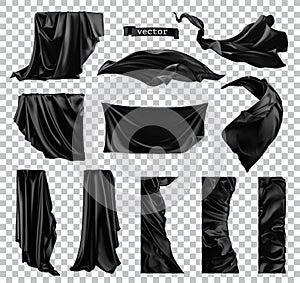 Black curtain vectorized image. Drapery fabric 3d vector set