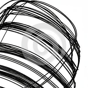 Black curved lines intersect in dynamic patterns against a white background. Bold, photo