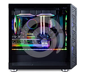 Black custom gaming pc computer with glass windows and colorful bright rgb rainbow led lighting isolated white background