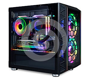 Black custom gaming pc computer with glass windows and colorful bright rgb rainbow led lighting isolated white background