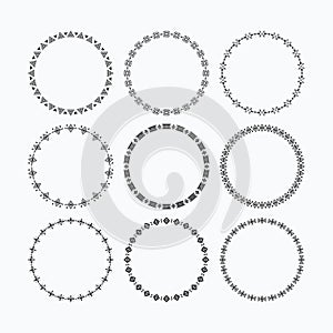 Black cute Aztec and tribal symbols border pattern empty circle emblems set design elements on white