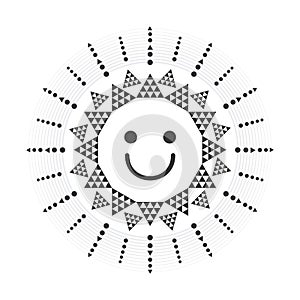 Black cute cartoon detail triangle style sun emoji icon with smiling face and rays on white