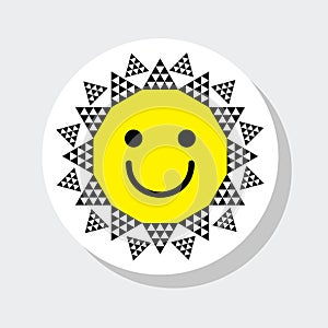 Black cute cartoon detail triangle style sun emoji sticker icon with smiling face on gray