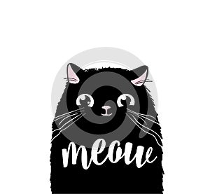 Black cute cat vector print design. Meow lettering text. Kitten face vector background. Funny and cool smiling cartoon