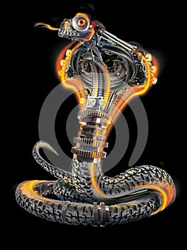 Black cyberpunk, metal and rubber mechanical snake - fire cobra