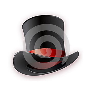 Black cylinder hat with red ribbon. Magic hat.