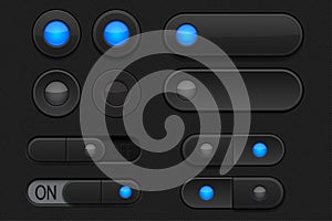 Black 3d buttons - sliders and radio buttons. Pushed and normal photo