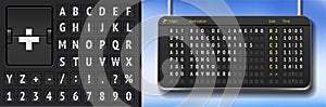 Black 3d flight timetable with departure or arrival. Vector airport board with realistic flip scoreboard template