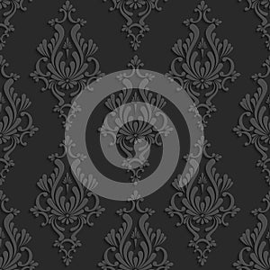 Black 3d Floral Damask Seamless Pattern