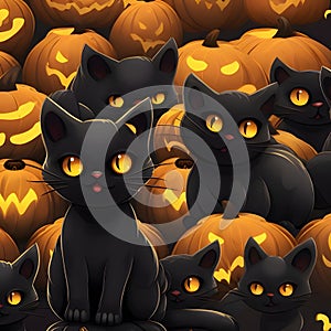 Black, dark cats and pumpkins jack-o-lantern as abstract background, wallpaper, banner, texture design with pattern - vector. Dark