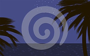 Black dark contours of palm trees on tropical coast nature at night blue sky ocean glare stars Vector drawing background