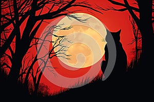 Black dark halloween illustration horror night silhouette moon cat tree