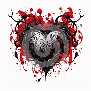 Black dark heart on a background of red blood paint, white background. Heart as a symbol of affection and