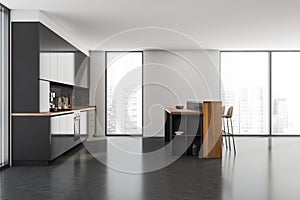 Black dark kitchen room interior with panoramic window