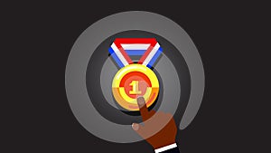 Black dark skinned finger pointing and touching number one on a gold medal animation motion graphics