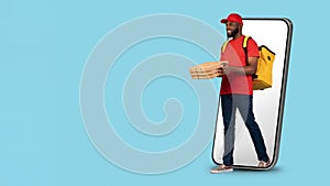 Black Deliveryman With Pizza Boxes In Hands Walking Out Of Big Smartphone