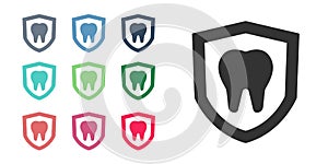 Black Dental protection icon isolated on white background. Tooth on shield logo. Set icons colorful. Vector