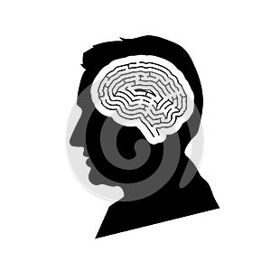 Black detailed mans face profile with maze brain in head on white