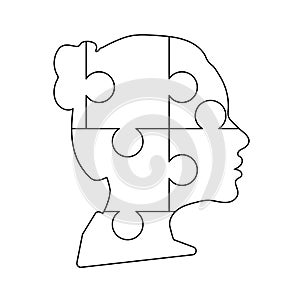 Black detailed woman face profile made up by six puzzles pieces on white