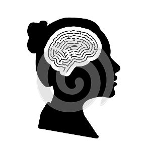 Black detailed woman face profile with maze brain in head on white