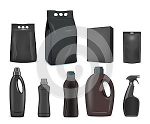 Black detergent pack mockup set, vector isolated illustration