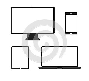 Black devices icon on white background. Phone social network concept. Notebook design. Flat design, vector. Laptop, tablet