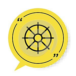 Black Dharma wheel icon isolated on white background. Buddhism religion sign. Dharmachakra symbol. Yellow speech bubble