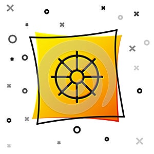 Black Dharma wheel icon isolated on white background. Buddhism religion sign. Dharmachakra symbol. Yellow square button