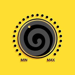 Black Dial knob level technology settings icon isolated on yellow background. Volume button, sound control, music knob