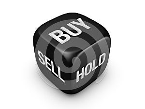 Black dice with buy, sell, hold sign