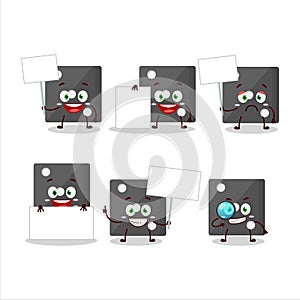 Black dice cartoon character bring information board