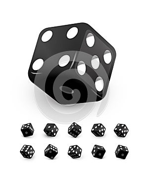 Black dice cubes for gambling set. Casino craps and playing games vector illustration. Poker cubes rolling and throwing
